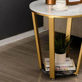 Golden Metal Side Table | 16 Inch Composite Marble Top | Elegant Accent Table for Living Room & Bedroom